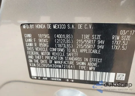 2017 Honda Hr-V Lx from USA, damaged, VIN 3CZRU5H30HM721641